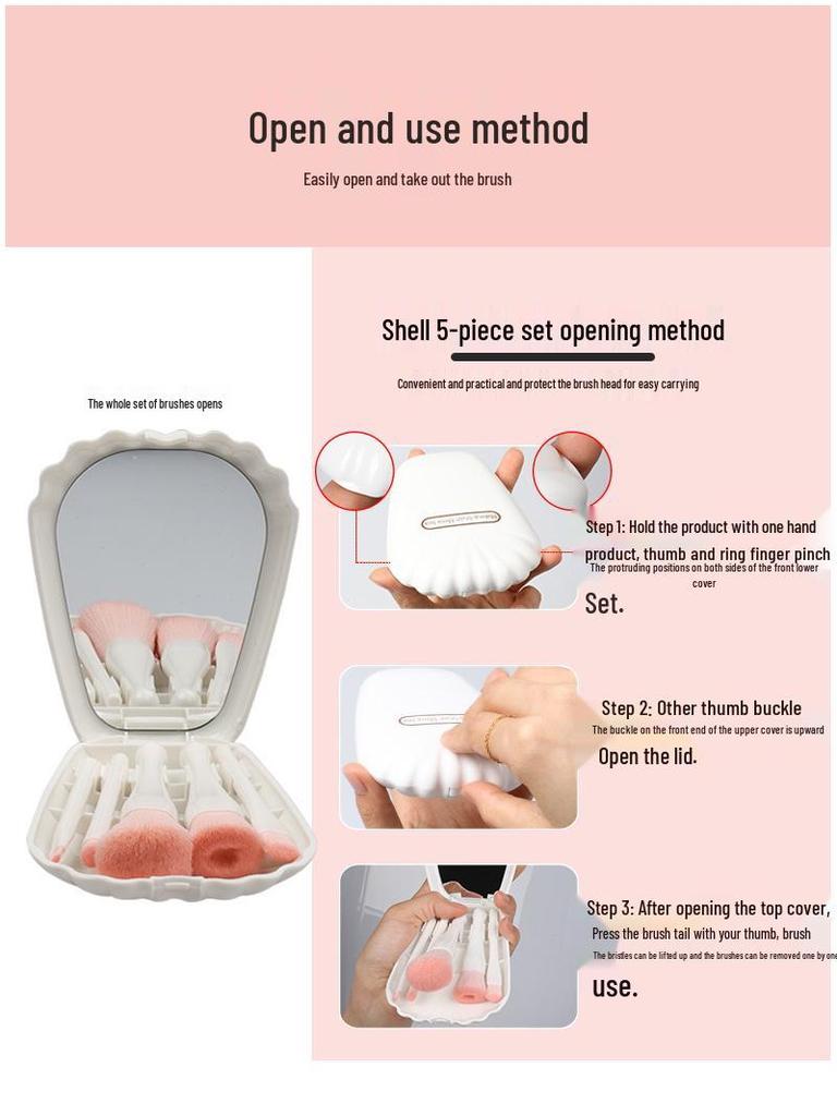 Seashell Portable Makeup Brush Set with Mirror - 5-Piece Eyeshadow & Foundation Tools