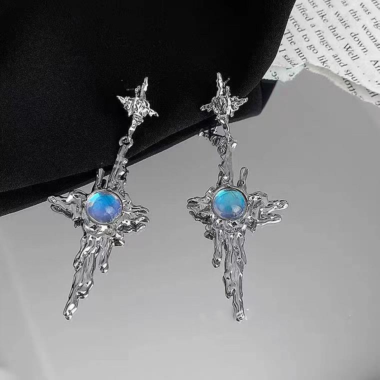 Серьги из стерлингового серебра S925 с геометрическим лунным камнем - Корейский крутой стиль, свисающие