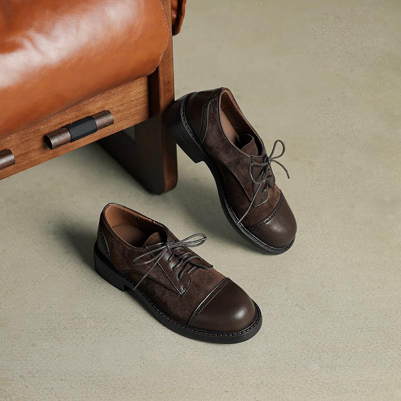 Krazing Pot Cow Skin Nubuck Spring Summer Size 40 Loafers Thick Med Heels Lace Up Women Round Toe Leisure Pumps