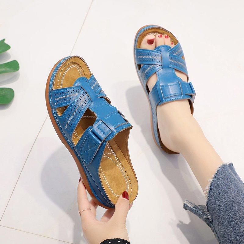 Модные женские летние удобные сандалии с открытым носком, очень мягкие ортопедические прогулочные сандалии премиум-класса на низком каблуке, корректор Cusion 35–43