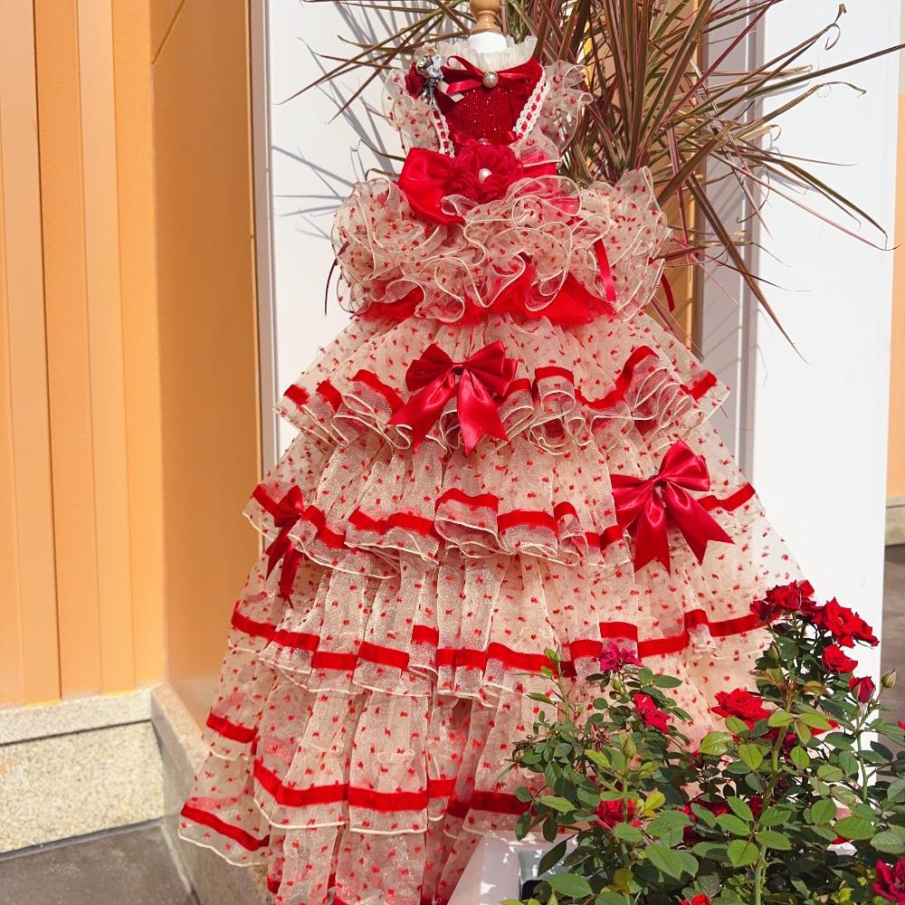 Luxury Dog Cake Puff Dress,Elegant Dot Dresses for Dogs,Detachable Long Tailing Design,Handmade Puppy Outfit-Flamingo Red Color