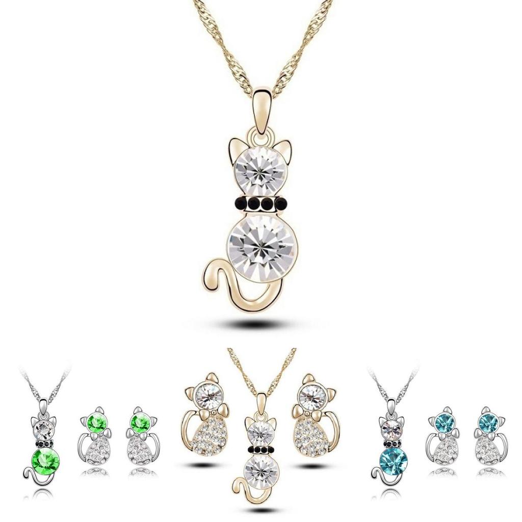 Crystal Cat 3pcs Shaped Necklace Earrings Jewelry Set  Gift Teen Girls Women For