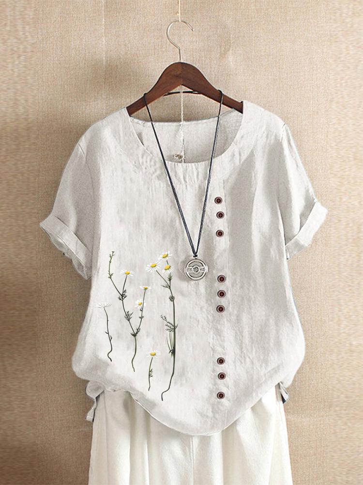 Cotton and Linen Printed T Shirt Tops Women's Summer Loose T Shirt Shirts