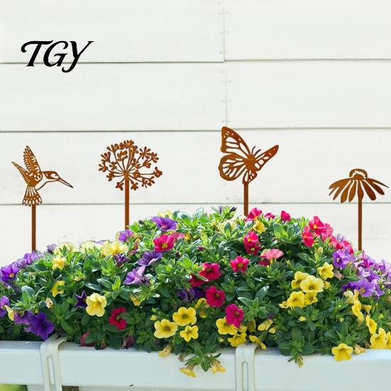 Metal Garden Stakes Rusty Silhouette Stake, Rustic Flower Pot Insert for Patio, Vintage Natural Atmosphere Decor Bird Bee Butterfly And Ladybug Design