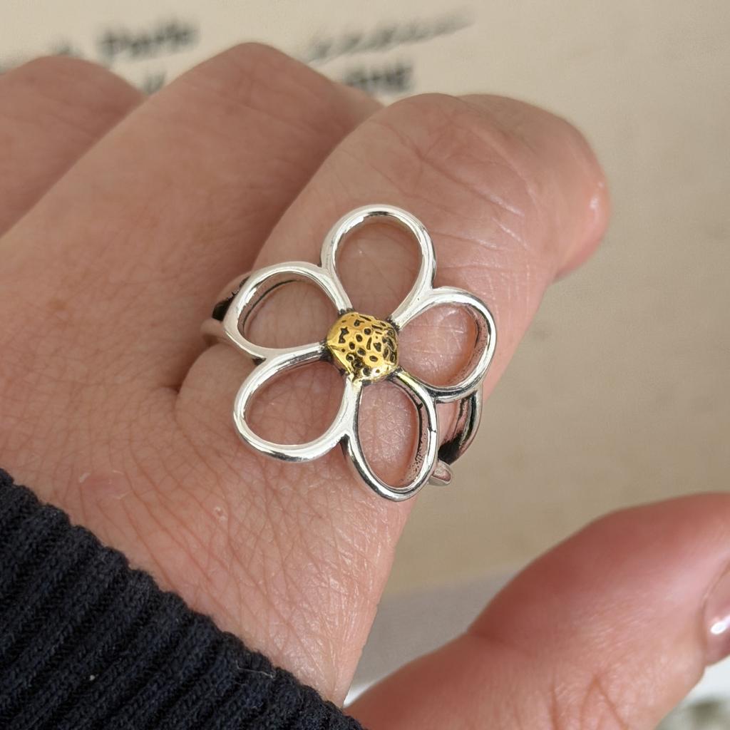 BF CLUB 925 Sterling Rings for Women Simple Geometric Handmade Irregular Retro Gold Hollow Flower Ring Allergy For Birthday Gift