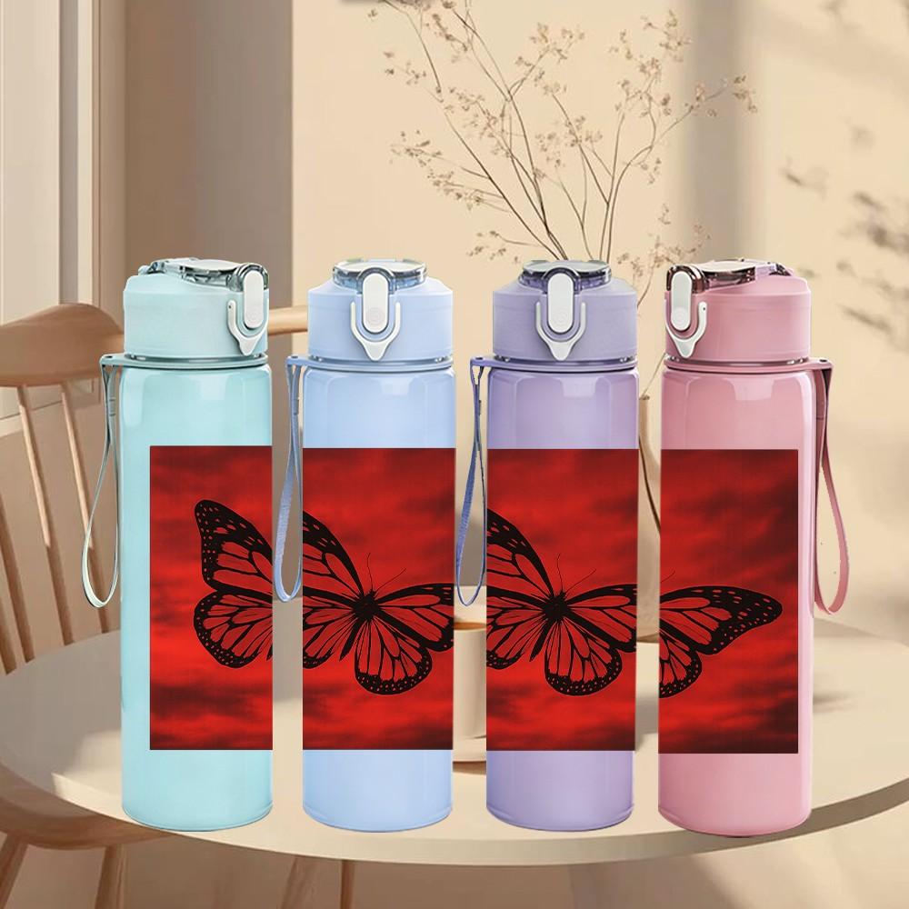 1PC Red Background Butterfly Art 750ml Color Plastic Sports Water Bottle Leakproof Flip Straw Lid Suitable for Sports Office Home Use