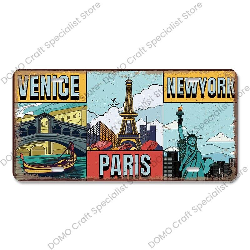 National Landmark Poster Car License Plate Retro France New York Australia Metal Tin Signs Wall Decor Garage Car Club