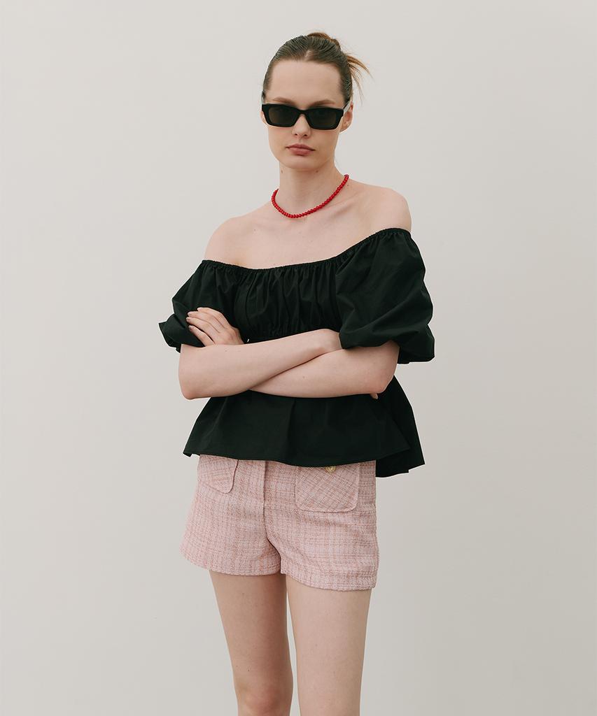320SHOWROOM Two-Way Off-Shoulder Puff Blouse Black