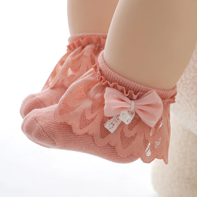 Princess Baby Lace Ruffle Socks Spring Summer Toddler Short Sock Solid Color Infants Girls Bow Socks 6-36M Kids Cotton Footwear