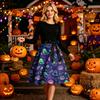 Women's Long Sleeve Halloween Dress Round Neck Casual Midi Dress with Printed Skirt and Waist Tie for Seasonal Occasion