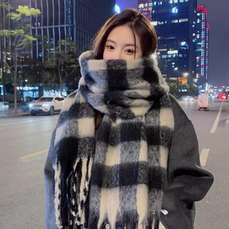 Cashmere Plaid Grid Scarf for Women Autumn Winter Thickened Warm Wrap Windproof Pashmina Scarves