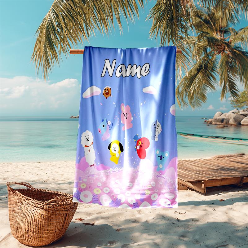 Personalized customized proof beach towel with BT21 logo pattern - soft, absorbent, quick-drying, perfect swimming, camping&bathing