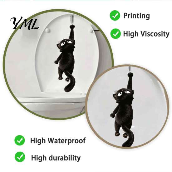 Funny Toilet Tank Accessories Furry Black Cat Seat Sticker, Waterproof PVC Bathroom Decal, Removable Cute Animal Wall Art for And Lid Decoration