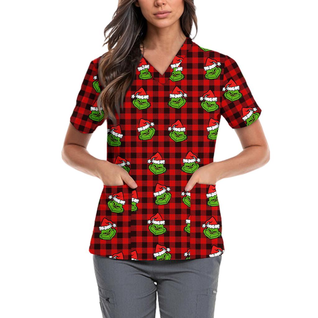 Женская милая блузка с принтом бантиков, рабочая одежда, V-образный вырез, двойной слой, карманы, базовая, с коротким рукавом, пуловер