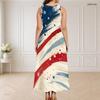 Women Plus Size Round Neck Triple Keyhole Cutout Sleeveless Printed Red Blue Beige Long Dress