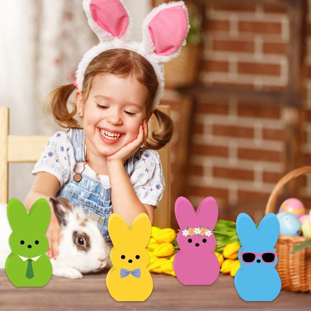 Handmade Colorful Rabbit Decoration Cartoon Home Table Decor Easter Bunny Wood Signs Party