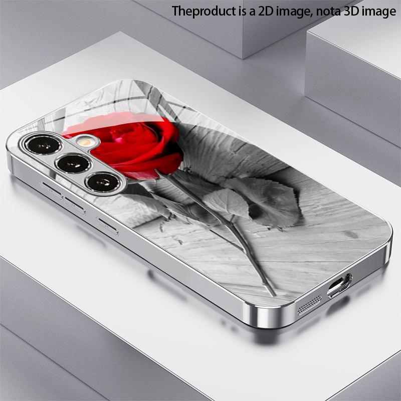 Чехол для телефона 2D с рисунком красной розы для Samsung S26 S25 S24 S23 S22 S21 S20 A56 A36 A16 - Гальванизированная стеклянная защитная крышка