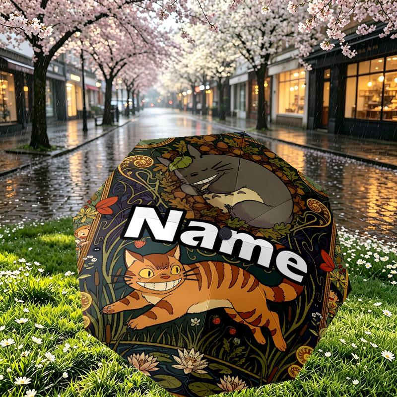 Custom Name Personalized My Neighbor Totoro Print Umbrella, Auto Open Close, 8‑Rib Sturdy Frame, Commute Camping Hiking Use, Birthday Gift