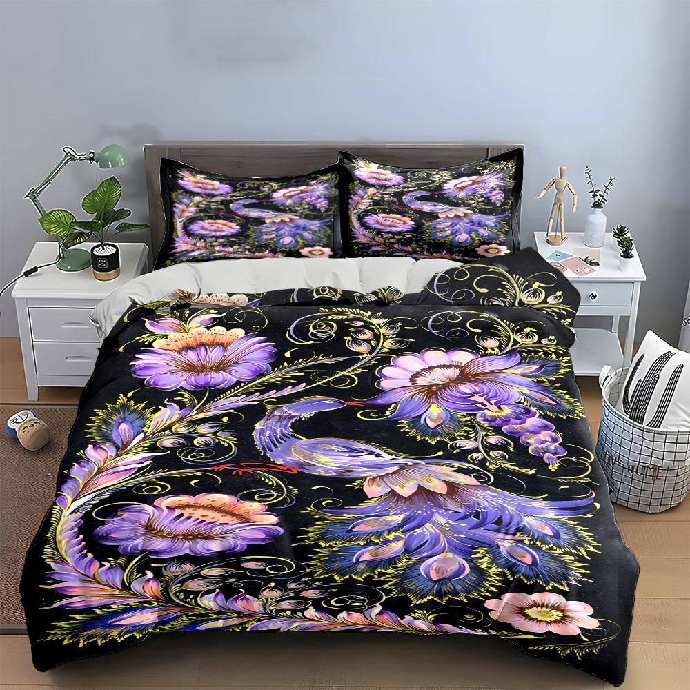 Purple flowers and bird. Bedding sets Duvet cover sets Duvet covers Pillowcases(1 * Duvet Cover 2 * Pillowcases without duvet insert)