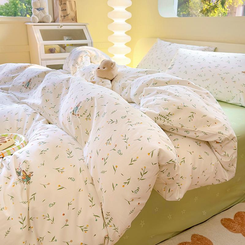 Ins Simple Style Pure Cotton Bed Four-piece Set, Cotton Quilt Cover, Bed Sheet, Small Floral Three-piece Set