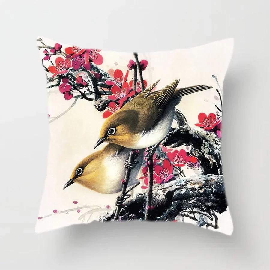 Cute Bird And Flower Pattern Double-Sided Printed Pillow Cover Short Plush Suitable Living Rooms Bedrooms Throw Cushion Cover