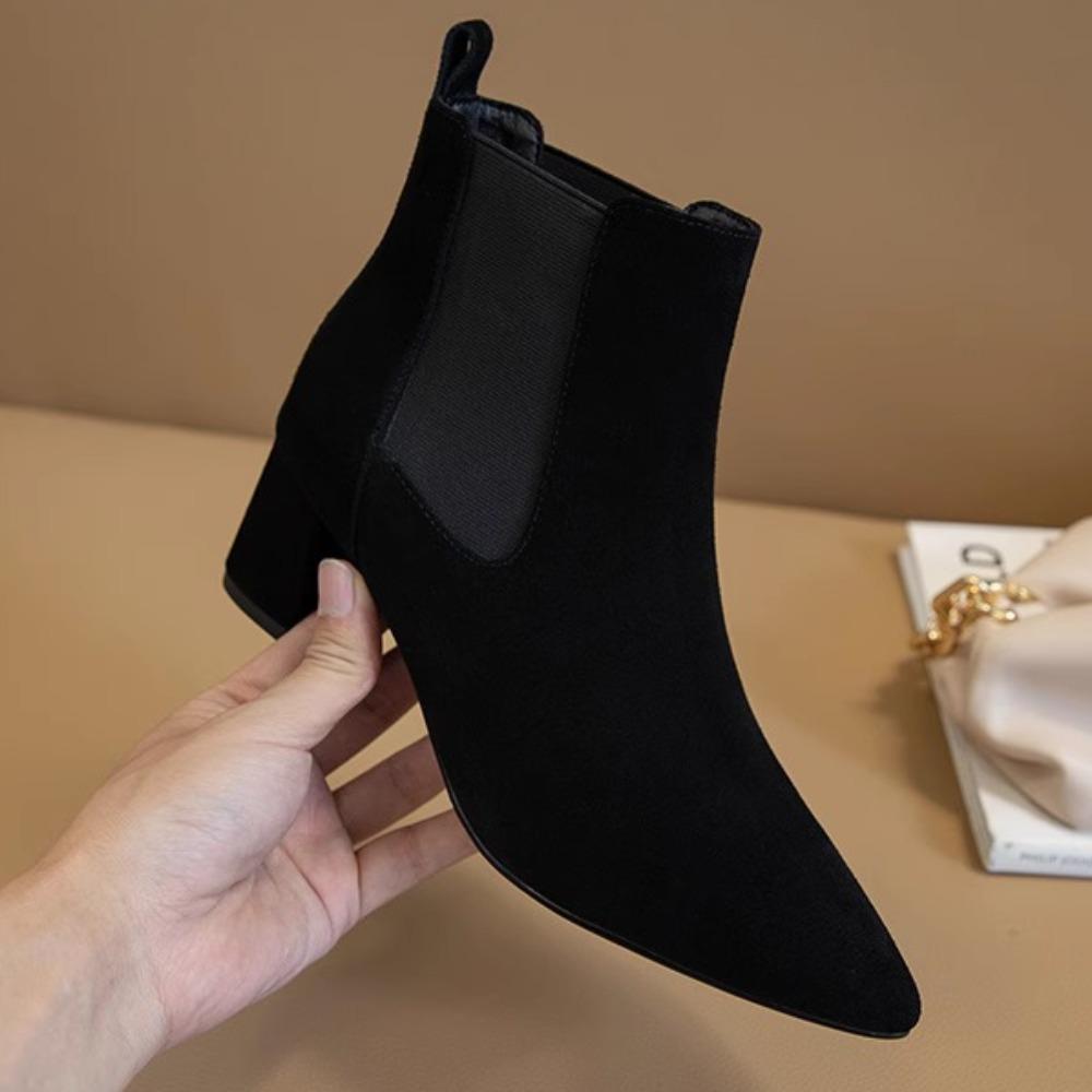 Women's Boots Women's Autumn and Winter Pointed Toe One Foot Black Classic Women's Thick Heel Middle Heel Boots
