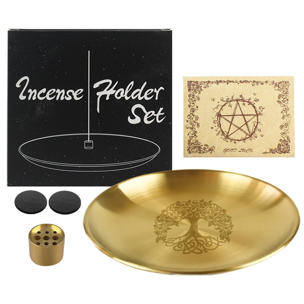 Stainless Steel Pagans Ritual Tray Altar Tree Pattern Plate Crystal Stone Shelves Candle Holder Incenses Burners