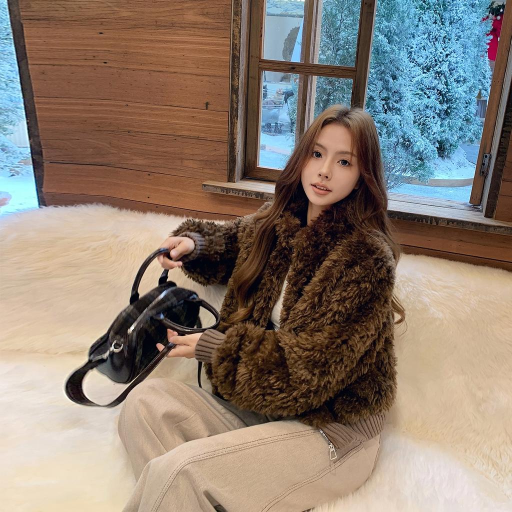 Loose short style wind thickened down cotton clothes Maillard stand-up collar lamb wool women's winter warm top plush and thin