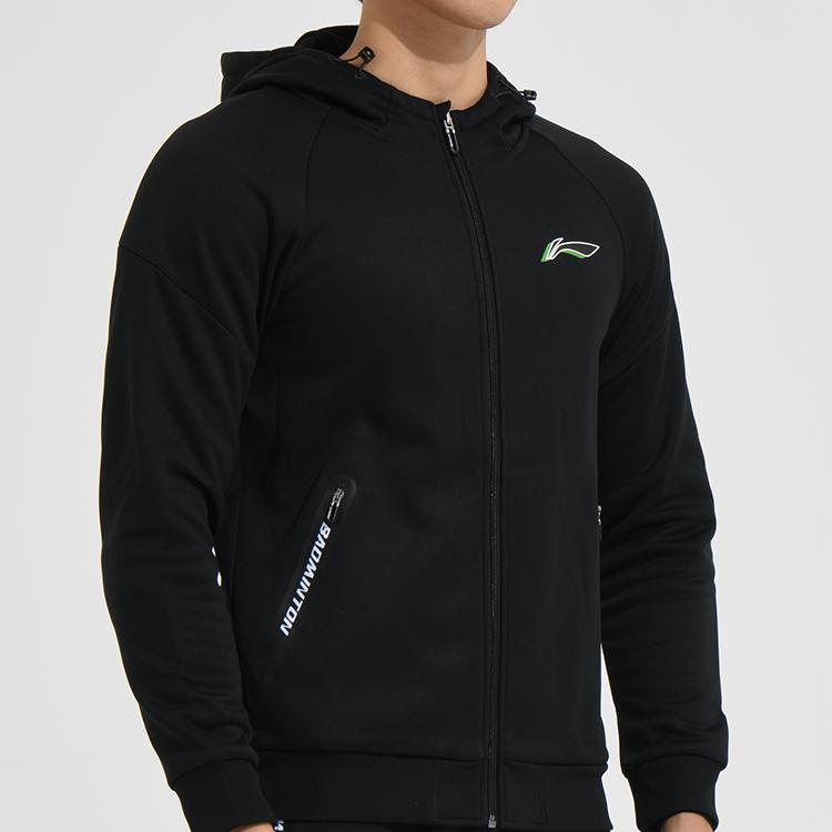 Li Ning Badminton Series Logo Print Zipper Fleece Long Sleeve Hoodie Men Hoodies Black AWDSA03-2