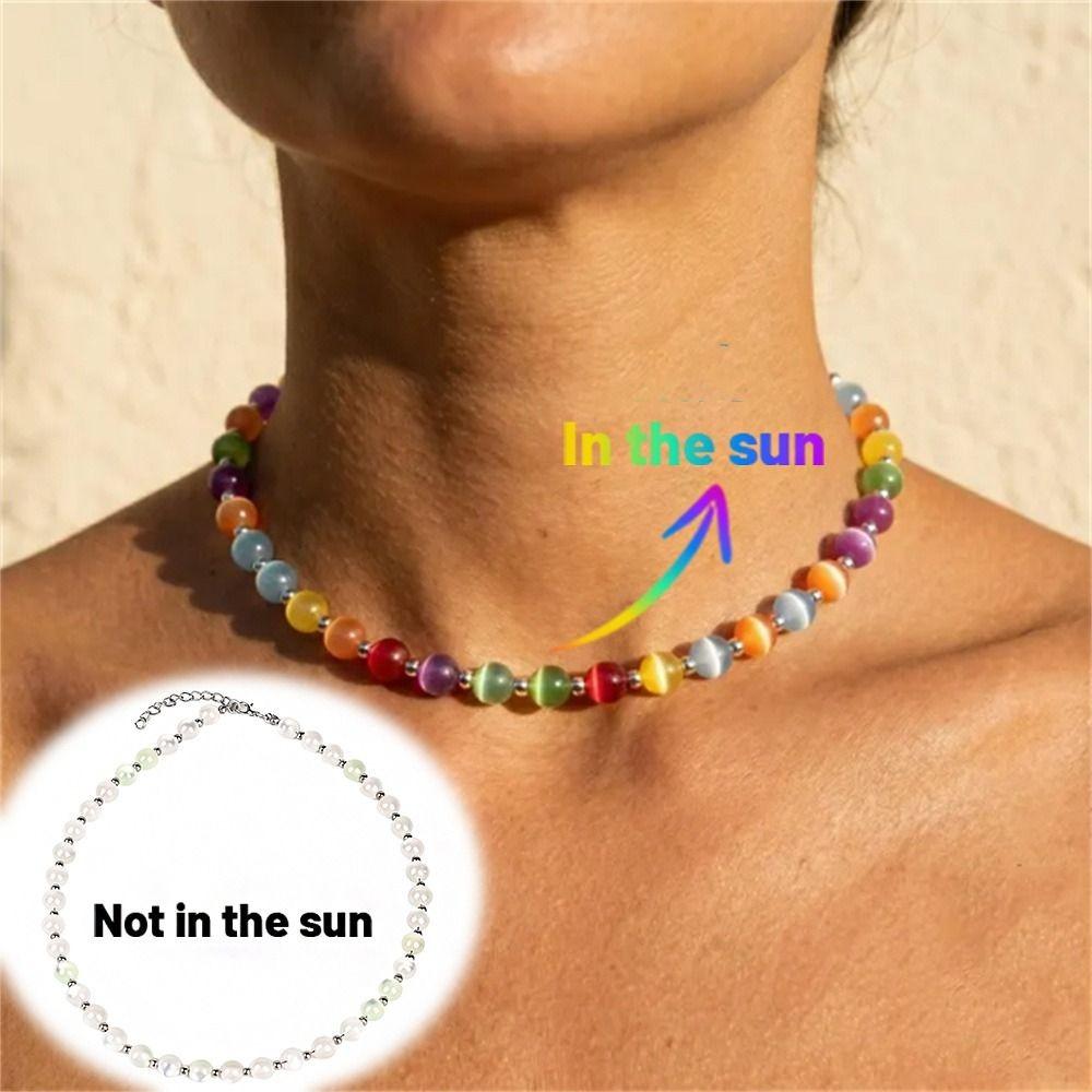 UV Reactive Beaded Necklace Bracelet Set Cat Eye UV Reactive Choker Daily Wear