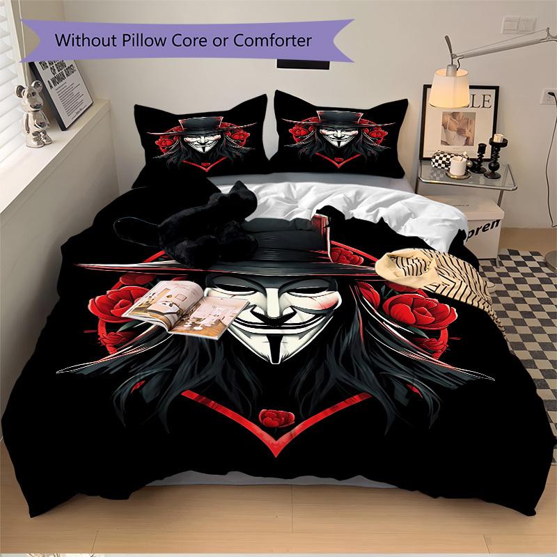 3pcs V for Vendetta Roses Bedding Set, Soft Polyester Duvet Cover and Pillowcases Machine Washable Seasons all suitable & Guest Room Decor225