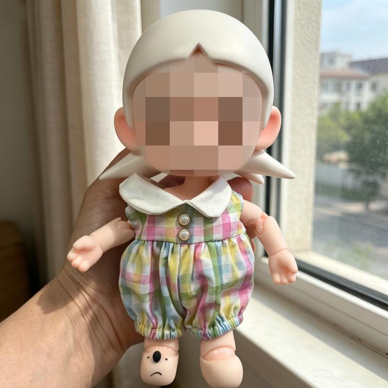 [Cloth Only]Clothes and Accessories for 20cm Action Figure Dolls, Rainbow Checkered Jumpsuit Gemstone Straw Hat Set.
