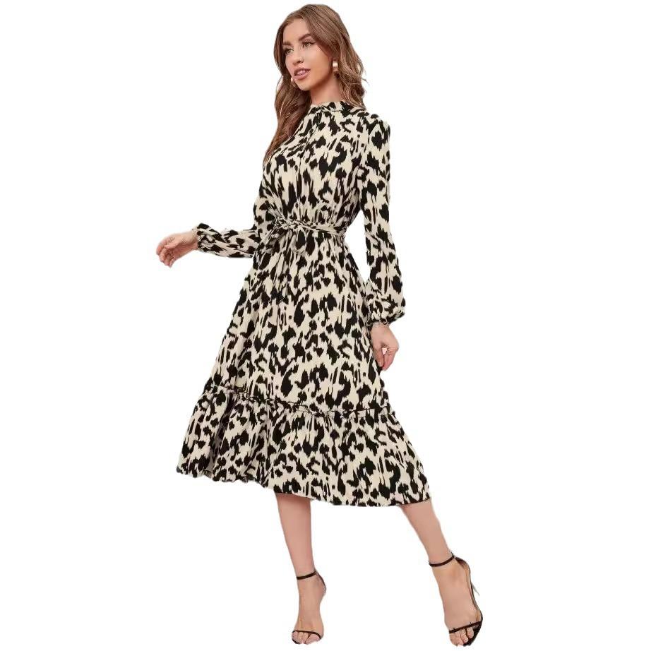 Dress women's new autumn and winter hot sale long-sleeved printed stand-up collar ruffle edge skirt spot