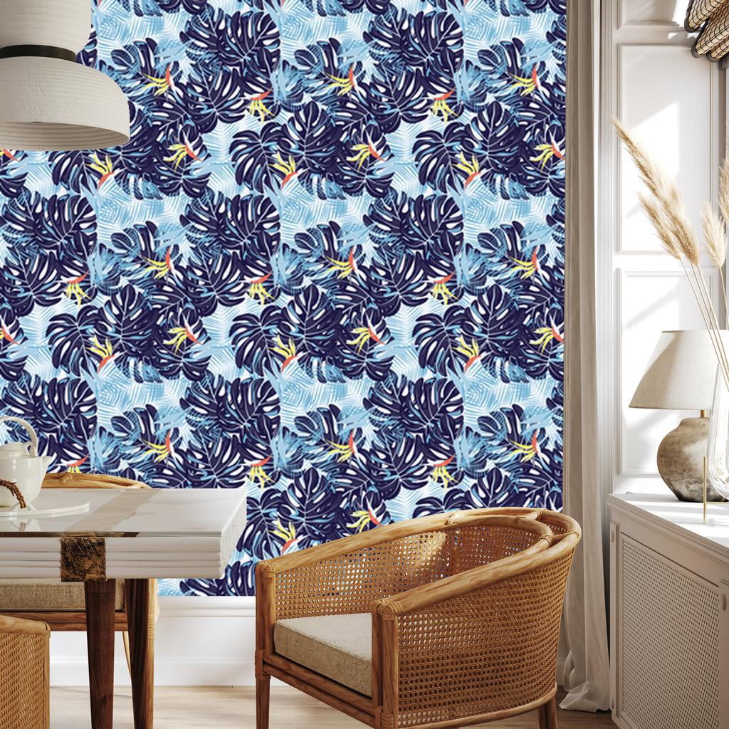 Leaves wallpaper in shades of blue for living room and bedroom 50x1000