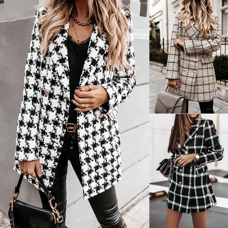 Women's Fashion Plaid Houndstooth Printing Long Jacket Lapel Trench Coat Overcoat Winter Wool Coat Women Abrigos Mujer