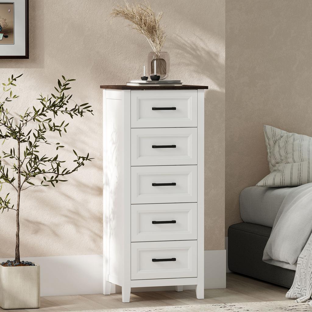 Narrow and Tall Bedroom Chest of Drawers with Wood-Effect Top Dresser for Small Spaces 45x35x106 cm White