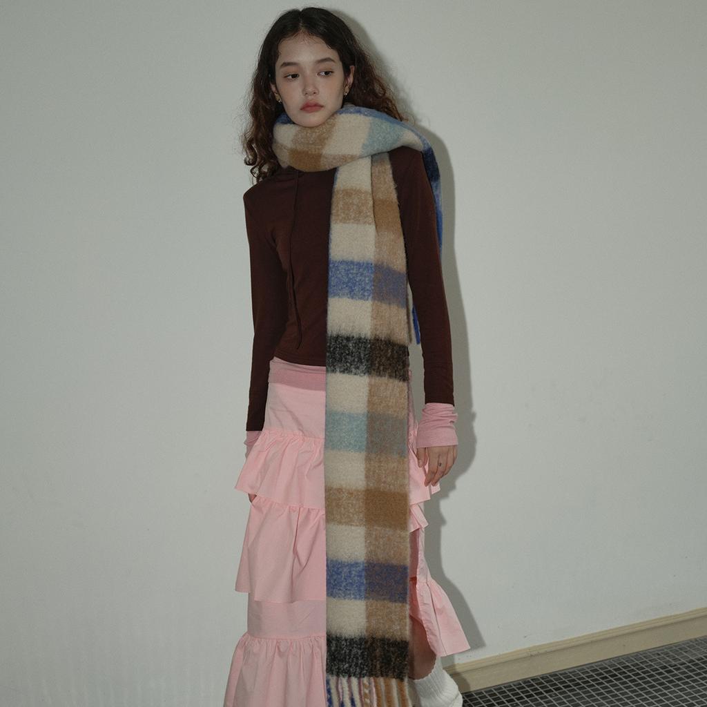 Wool Neutral Retro Blue Plaid Scarf Women's Winter Atmosphere Soft Waxy Wool Scarf