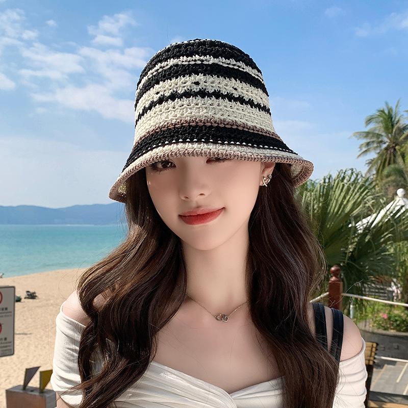 Bucket hat lady seaside beach face small breathable woven sun hat