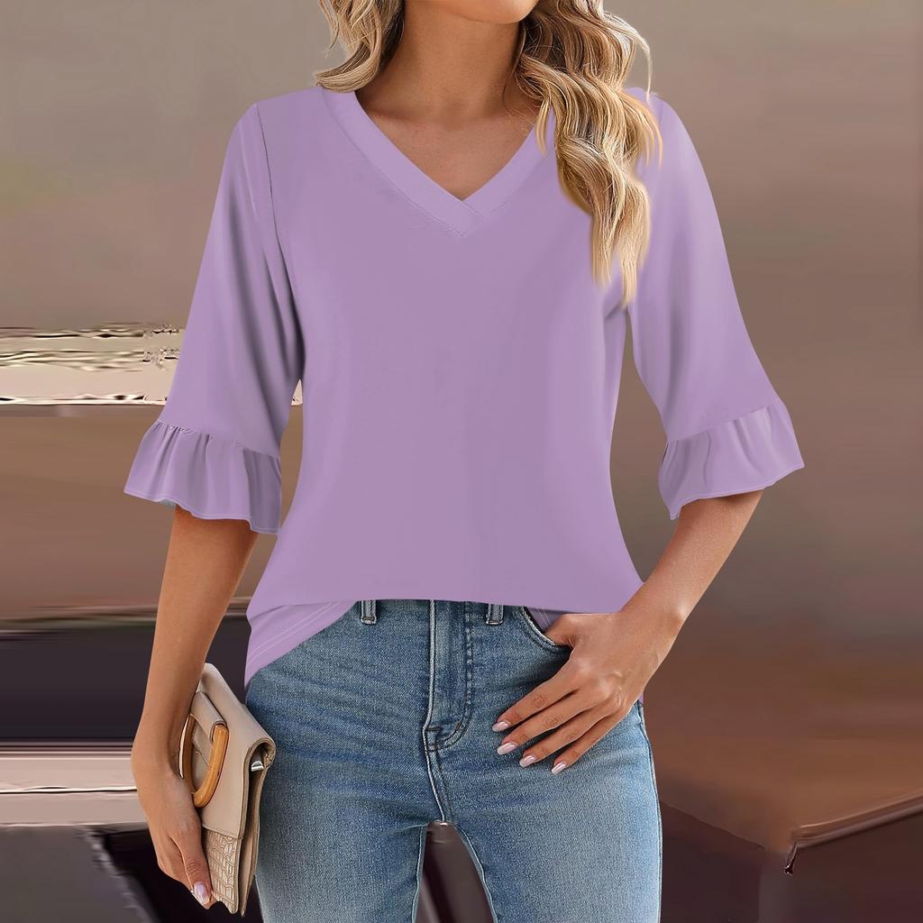 Женский повседневный топ с рукавами 3/4, летняя футболка с v-образным вырезом и пышными рукавами