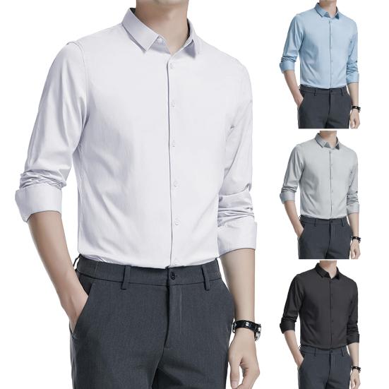 Мужская рубашка весна-осень с отложным воротником, облегающая, эластичная, однобортная, с длинными рукавами, однотонная, средней длины, для деловых мероприятий, офиса