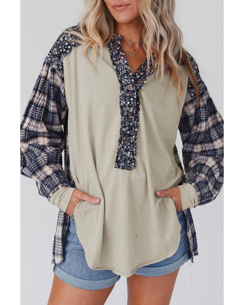 Azura Exchange Blue Floral Plaid Mixed Print Bishop Sleeve Patchwork Top