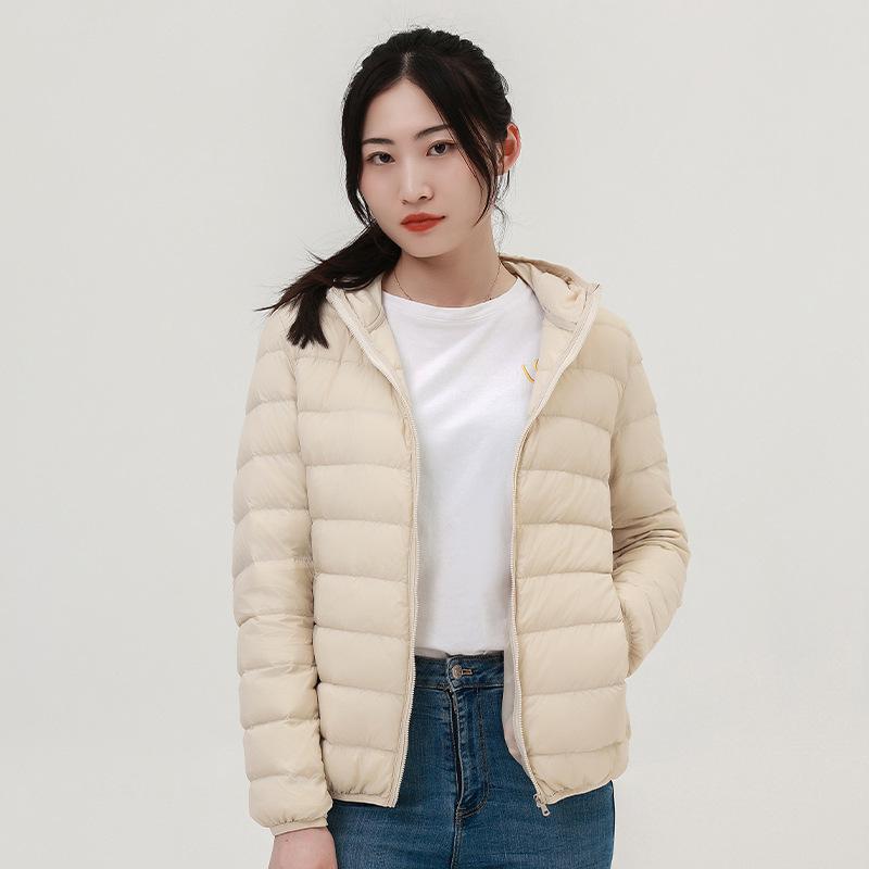 Autumn and winter new women's light stand-up collar hooded down jacket white duck down women's slim fit large size light jacket