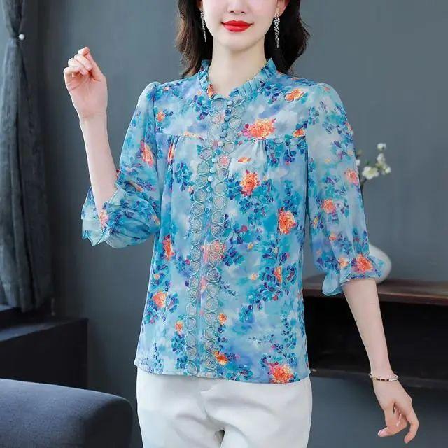 Новая летняя корейская тонкая рубашка с принтом для тяжелой промышленности, блузка с рукавами-фонариками, рубашка с половиной рукава для женских топов