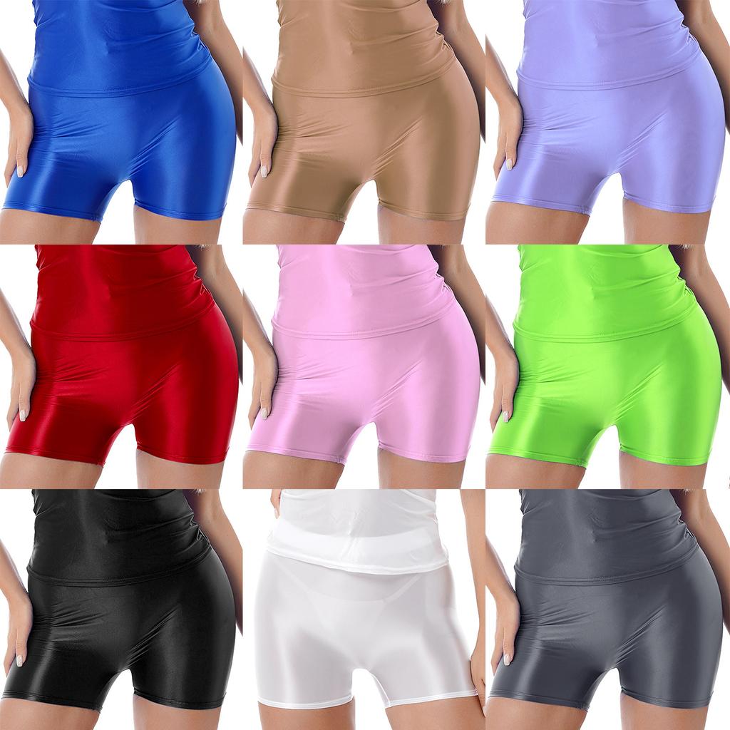 Womens Mid Rise Glossy Shorts Stretchy Waist Multi-Purpose Homewear