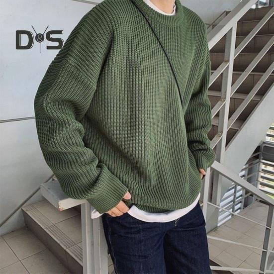 Корейский стиль осень зима мужской свитер-пуловер с круглым вырезом длинный рукав однотонный свободный крой трикотажные топы уличная одежда
