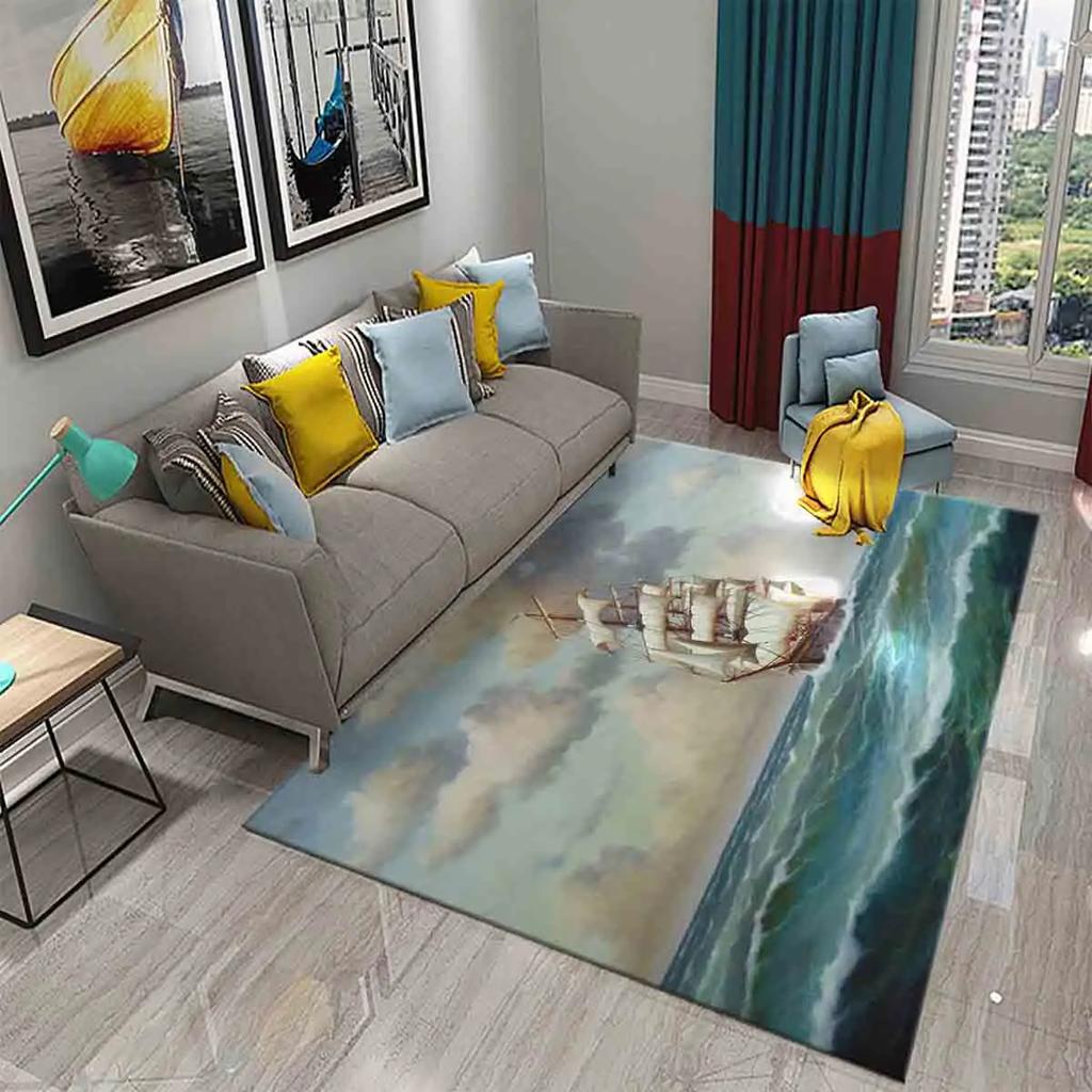 3D Oil Painting Sailboat Carpet Abstract Art Rugs for Living Room Bedroom Decor Mats Bathroom Kitchen Entrance Non-Slip Carpet