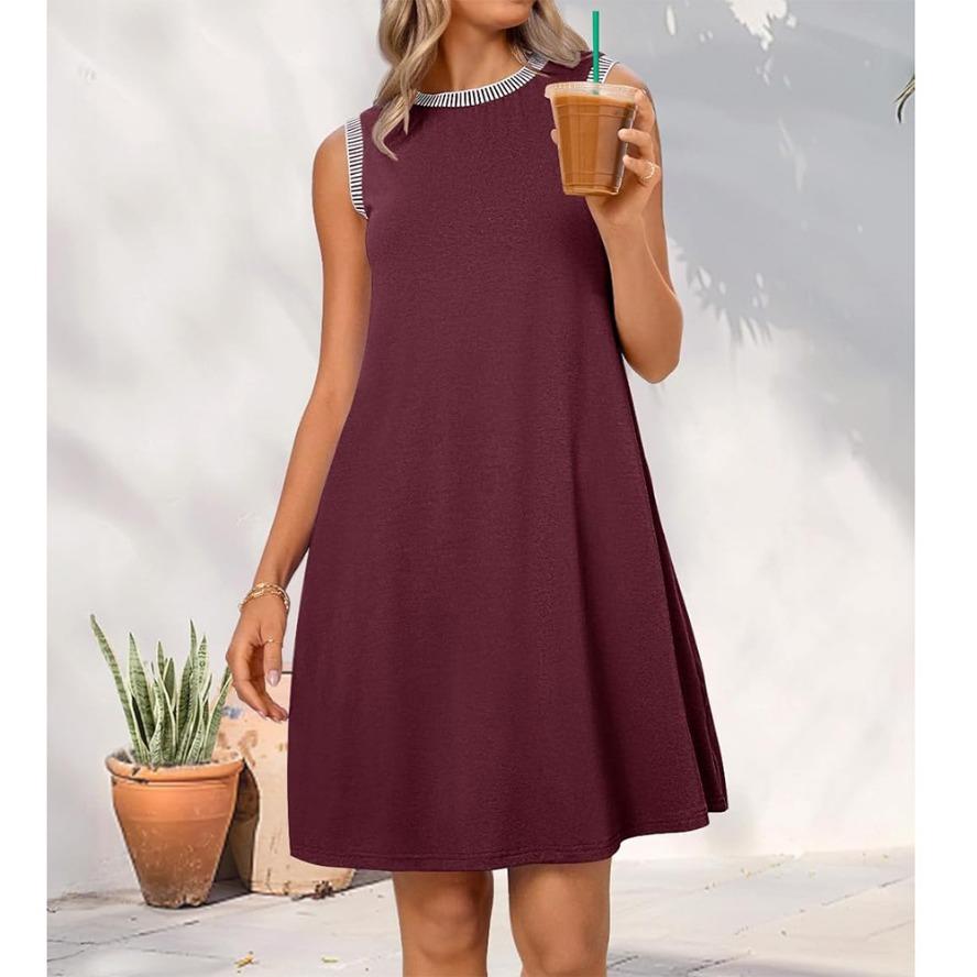 YYFS Женская мода лето весна однотонный принт без рукавов О-образный вырез свободная талия повседневные платья