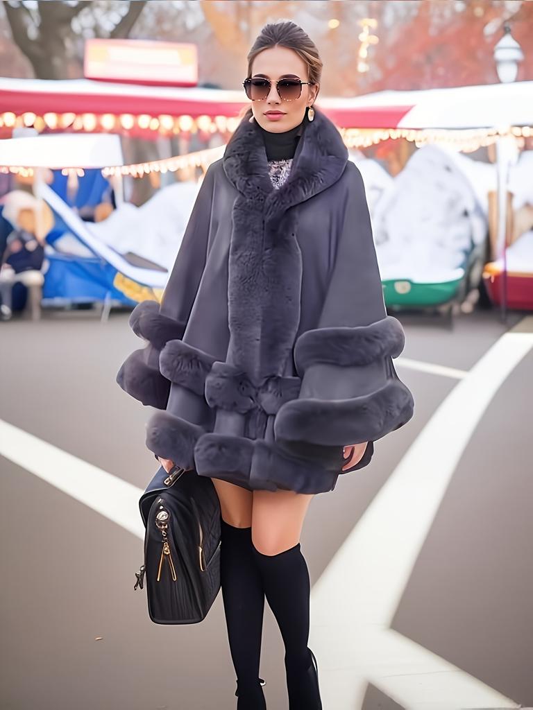 Women 2 Circle Faux Rabbit Fur Cape Poncho Winter Loose Warm Shawl Outerwear Cashmere Cloak Overcoat