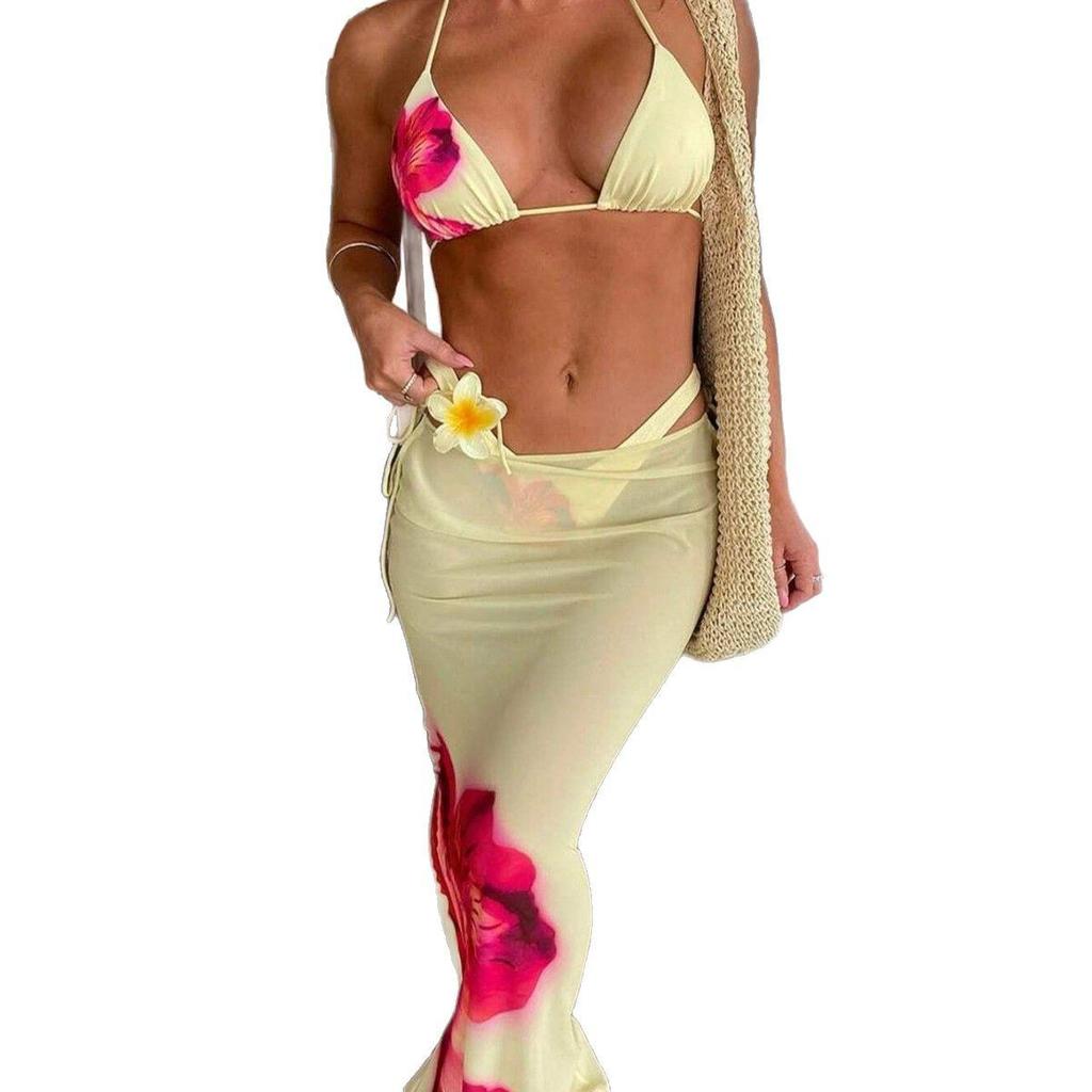 Комплект бикини из трех предметов 2025 европейский и американский: Сексуальный длинный купальник-накидка с принтом для женщин