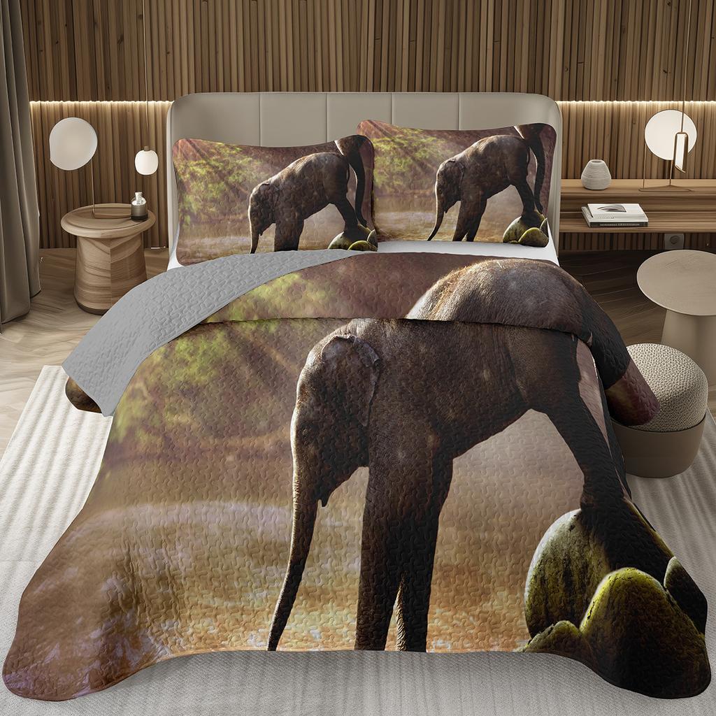 Elephant Bedspread Twin Queen King Size African Safari Animal Theme Quilt Set Jungle Wildlife Coverlet Set with 1/2 Pillowcase